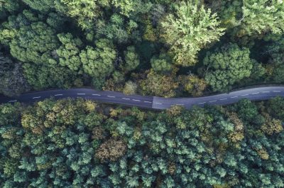 An aerial shot of a curvy thin road going through a thick forest
